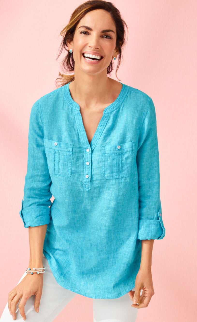 Talbots Blue Linen Roll Tab Popove Shirt